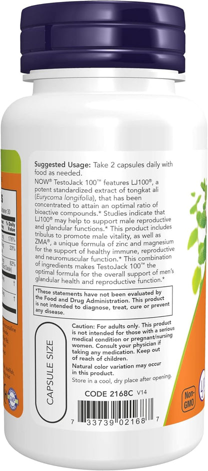 NOW Supplements, TestoJack™ 100 with LJ100®, a Potent standardized Extract of Tongkat Ali (Eurycoma longifolia), Tribulus and ZMA®, 60 Veg Capsules (Pack of 2)
