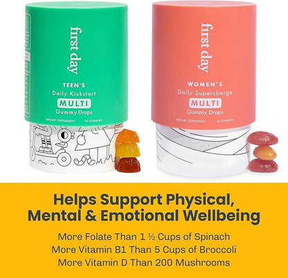 FIRST DAY Multivitamin Gummies Bundle for Women & Teens – Vitamins A, B, C, D & K + Folate, Magnesium, Zinc, Biotin & More – Made w/Organic Fruits & Veggies, Only 2g Sugar – 2-Pk, 30 Day Supply Each