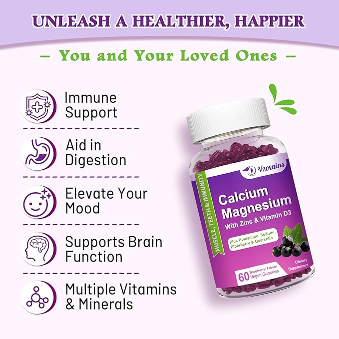High Absorption Calcium Magnesium Zinc Gummies, Calcium Magnesium Supplement with Potassium Vitamin D3 for Bone & Teeth Strength, Muscle Function - Blueberry Flavor 60 Cts
