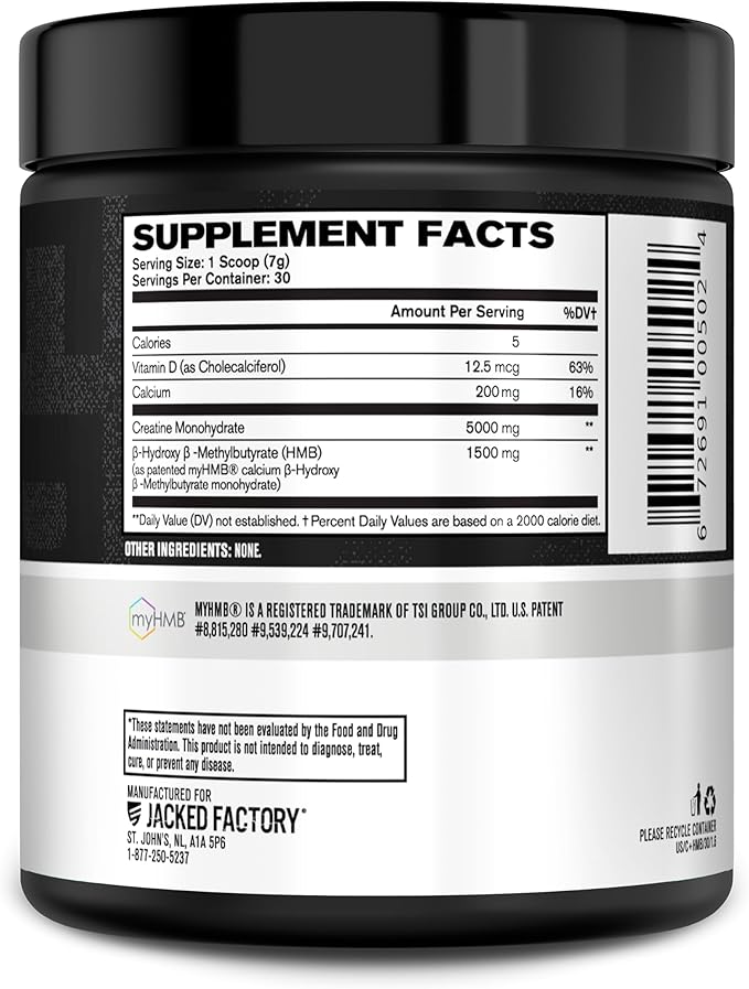 Jacked Factory Creatine Monohydrate + HMB - Creatine HMB Supplement & Lean Muscle Building Agent with Vitamin D - Increase Muscle Growth, Strength, Enhanced Energy - 30 Servings, Unflavoured