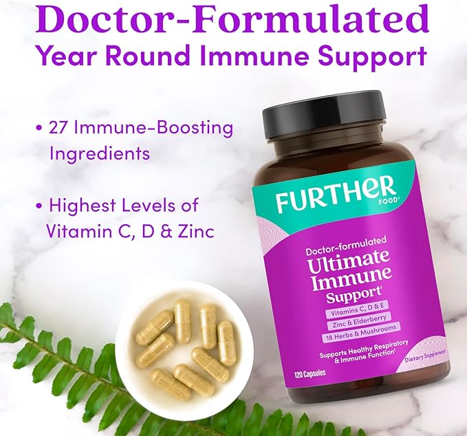 Further Food Ultimate Immune Support Vitamin C, D, E and Zinc + Natural Immunity Booster Multivitamin Herbal Supplement Elderberry & Echinacea, Daily Immune Defense & Antioxidant Support.