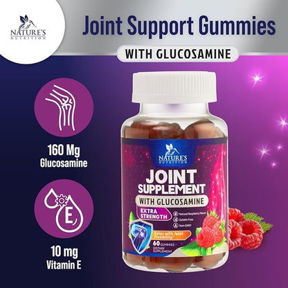 Joint Support Gummies Glucosamine Plus Vitamin E - Nature's Joint Support Supplement for Occasional Discomfort for Back, Knees & Hands - Cartilage & Joint Health & Flexibility Support - 60 Gummies