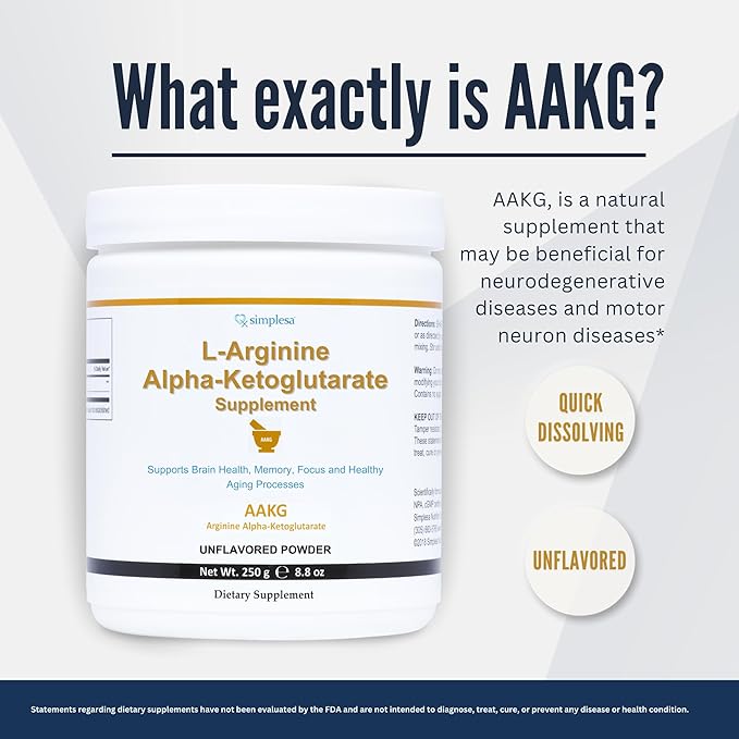 Simplesa AAKG Arginine Powder, L-Arginine Alpha-Ketoglutarate Supplement, 2000mg Per Serving, Supports Brain Health, Memory, Focus and Healthy Aging Processes, 250g Powder Supplement