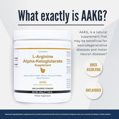 Simplesa AAKG Arginine Powder, L-Arginine Alpha-Ketoglutarate Supplement, 2000mg Per Serving, Supports Brain Health, Memory, Focus and Healthy Aging Processes, 250g Powder Supplement