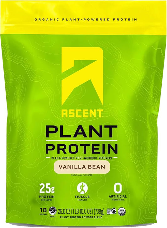 Ascent Plant Based Protein Powder - Non Dairy Vegan Protein, Zero Artificial Ingredients, Soy & Gluten Free, No Added Sugar, 4g BCAA, 2g Leucine - Vanilla, 20 Servings
