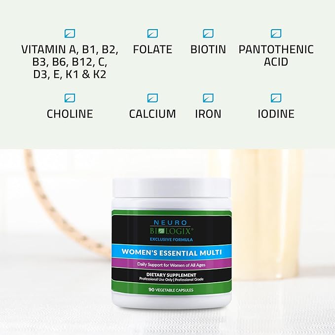 Neuro biologix Women's Essential Multi, Daily Multivitamin for Women with Iron, Superior Bioavailability for Methylation Support, Hormonal Balance - Organic, Methylated Formula, 90 Capsules