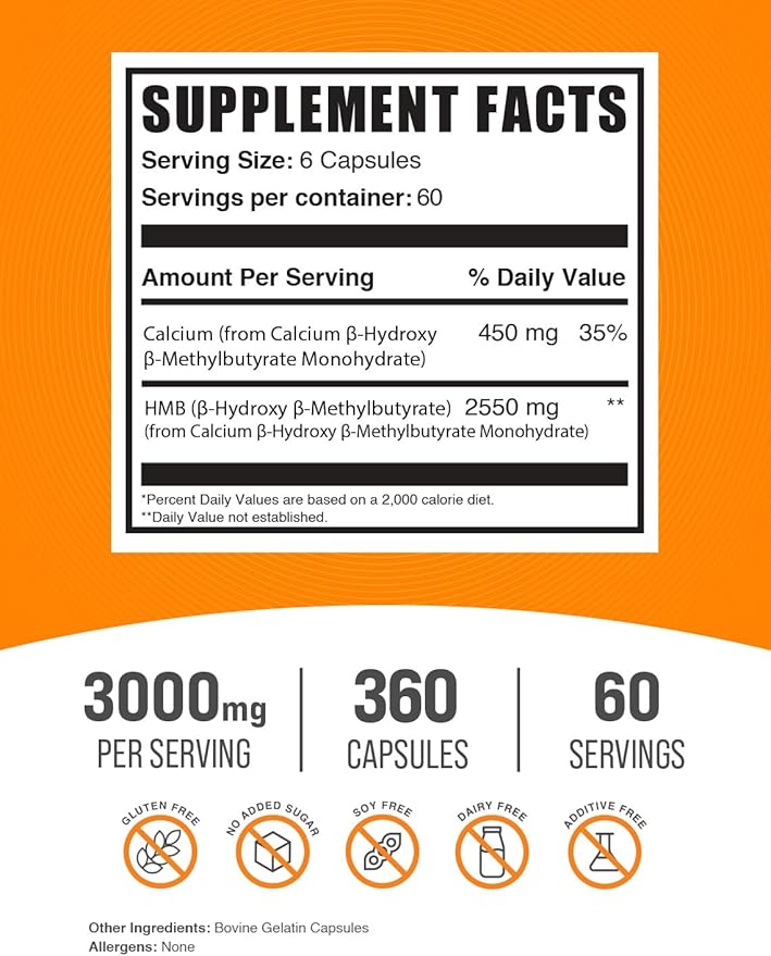 BulkSupplements HMB Capsules - as Calcium HMB, Beta-Hydroxy Beta-Methylbutyrate, HMB Supplement, Gluten Free - 3000mg HMB, 6 Capsules per Serving, 360 Capsules (Pack of 1)