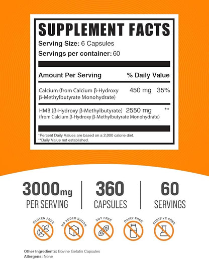 BulkSupplements HMB Capsules - as Calcium HMB, Beta-Hydroxy Beta-Methylbutyrate, HMB Supplement, Gluten Free - 3000mg HMB, 6 Capsules per Serving, 360 Capsules (Pack of 1)