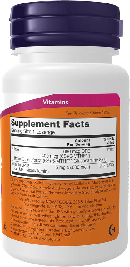NOW Foods Supplements, Methyl B-12 (Methylcobalamin) 5,000 mcg, Nervous System Health*, 120 Lozenges