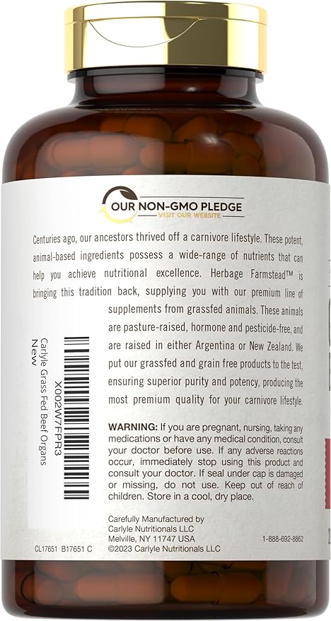 Carlyle Grass Fed Beef Organ Complex | 200 Capsules | Pasture Raised, Grain Free Supplement | with Desiccated Liver, Kidney, Pancreas, Heart, Spleen | Non-GMO, Gluten Free | by Herbage Farmstead