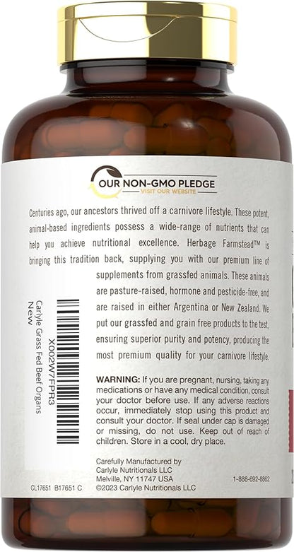 Carlyle Grass Fed Beef Organ Complex | 200 Capsules | Pasture Raised, Grain Free Supplement | with Desiccated Liver, Kidney, Pancreas, Heart, Spleen | Non-GMO, Gluten Free | by Herbage Farmstead