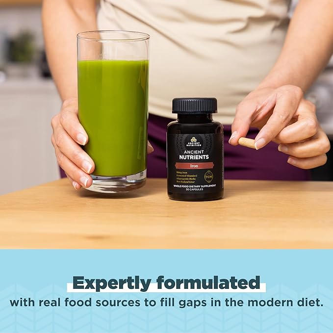 Iron Supplement by Ancient Nutrition, 18mg per Serving, Supports Response to Fatigue and Stress, Adaptogenic Herbs, Enzyme Activated, Paleo & Keto Friendly, 30 Capsules
