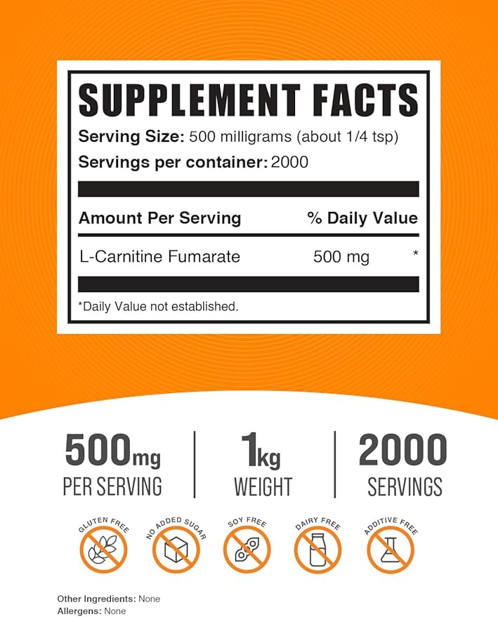 BulkSupplements.com L-Carnitine Fumarate Powder - Carnitine Supplement, Carnitine Powder, L-Carnitine 500mg - Gluten Free, 500mg per Serving, Gluten Free, 1kg (2.2 lbs) (Pack of 1)