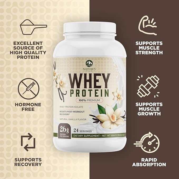 Premium 100% Whey Protein Powder 26g, Creamy French Vanilla, Advanced Isolate Protein for Muscle Gain, Recovery & Immune System Support, No Added Sugar, For Shakes & Vanilla Smoothies - 24 Servings