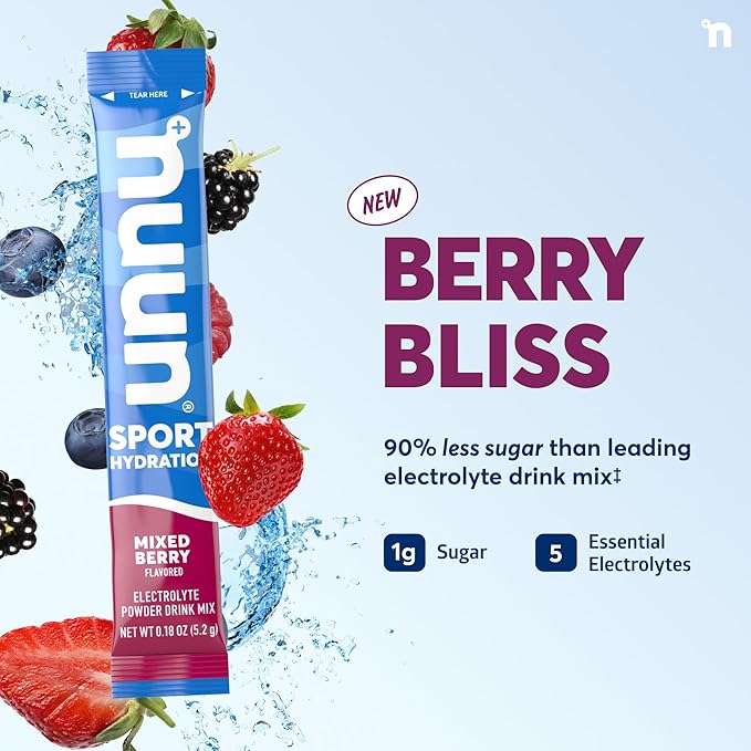 Nuun Sport Electrolyte Powder Packets - Mixed Berry Flavor | 5 Essential Electrolytes for Hydration | Easy Open Drink Mix with Magnesium | 1g Sugar | Non GMO, Vegan | 16 Single Serving Sticks