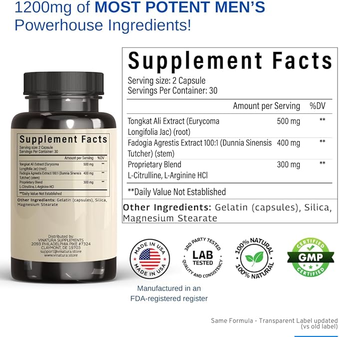 Tongkat Ali & Fadogia Agrestis - 1200mg, Enhanced with L-Citrulline and L-Arginine, Equivalent to 54,300mg Raw Per Serving *USA Made and Tested* Complex Herbal Supplement, 60 Capsules