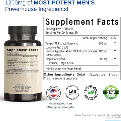 Tongkat Ali & Fadogia Agrestis - 1200mg, Enhanced with L-Citrulline and L-Arginine, Equivalent to 54,300mg Raw Per Serving *USA Made and Tested* Complex Herbal Supplement, 60 Capsules
