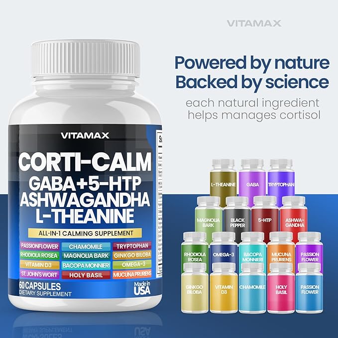 Corti-Calm Cortisol Supplement, L Theanine, Ashwagandha, Vitamin D 3, GABA for Relaxation, Fatigue & Focus with Ginkgo Biloba, Bacopa Monnieri, 5-HTP – Non-GMO, Made in USA – 60ct