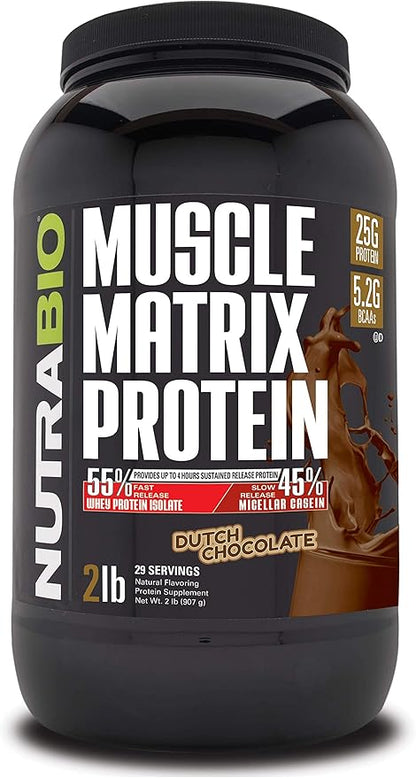 NutraBio Muscle Matrix Protein Powder - 25g of Protein Per Scoop - Whey Isolate and Micellar Casein Combo for Fast and Slow Release - Dutch Chocolate- 2 Pounds, 28 Servings