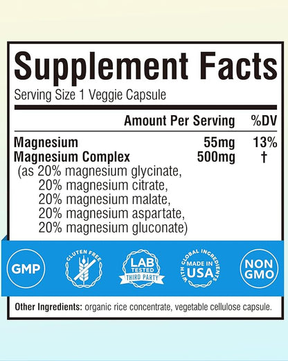 Terranics 5-in-1 Magnesium Complex Supplement 500mg - 5 Forms High Absorption Magnesium Glycinate Citrate Malate Aspartate Gluconate for Sleep Muscle Heart Health - Non-GMO 240 Vegan Capsules