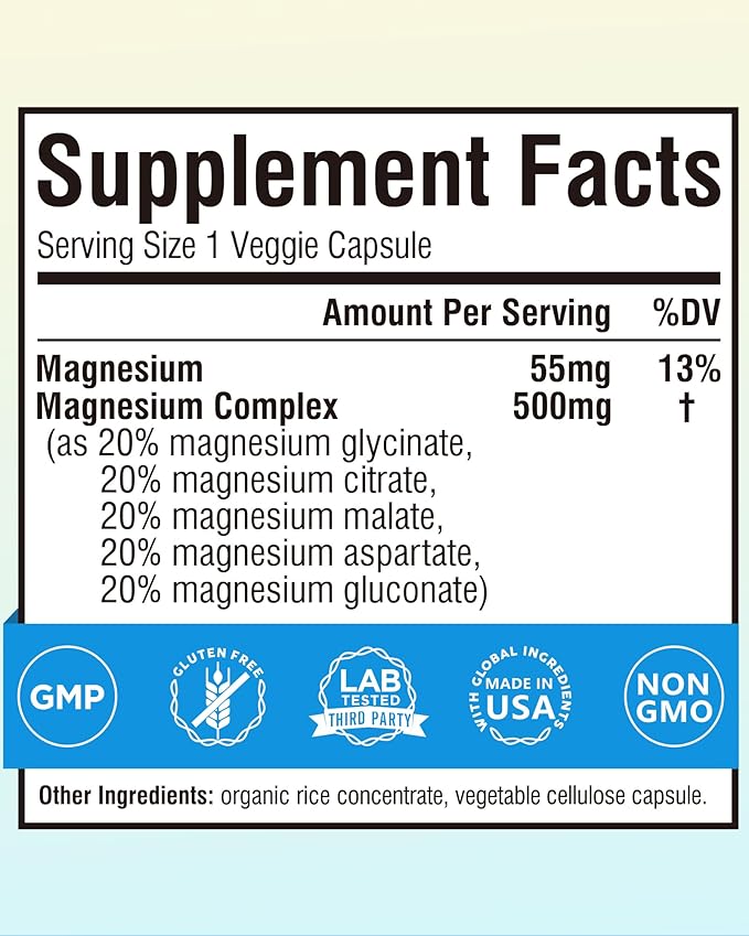 Terranics 5-in-1 Magnesium Complex Supplement 500mg - 5 Forms High Absorption Magnesium Glycinate Citrate Malate Aspartate Gluconate - Non-GMO 240 Vegan Magnesio Capsule for Sleep Muscle Heart Health