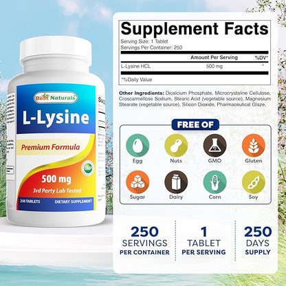 Best Naturals L-Lysine 500 mg 250 Tablets (250 Count (Pack of 3))