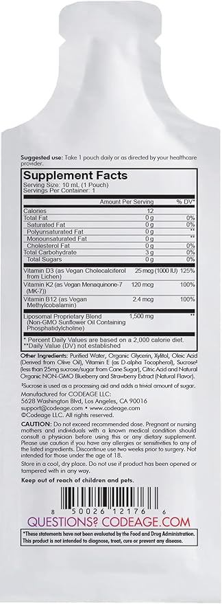 Codeage Liposomal Vitamin D3 Liquid Supplement Sachet, Wonder-D Cholecalciferol Vegan Liquid Multivitamin, Plant-Based Vitamins K2 B12, Non-GMO Phospholipids, Vitamin E, Berry Flavor - 30 Pouches