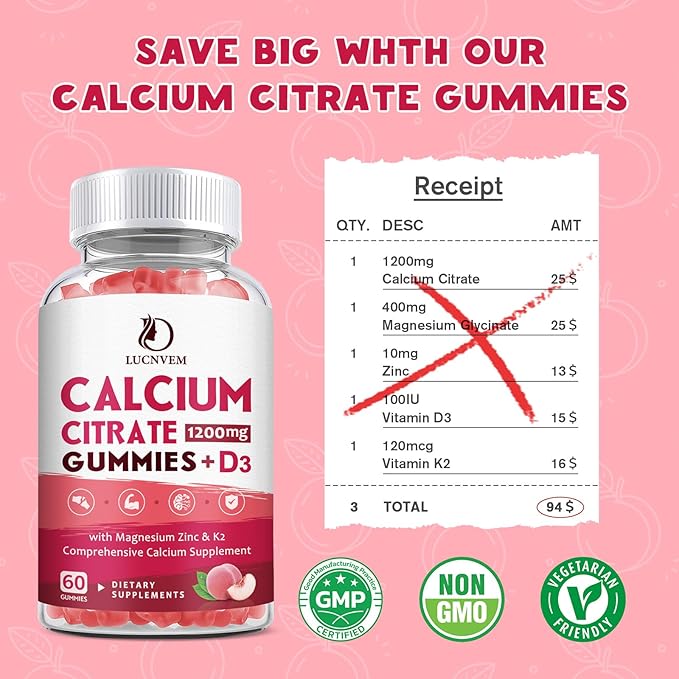 Calcium Citrate 1200mg with Vitamin D3 Gummies, Calcium Gummies with Vitamin D3 for Women & Men, Calcium Magnesium Zinc for Bone Muscle Healthy- Natural White Peach Flavor- 30 Day Supply
