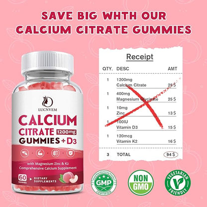 Calcium Citrate 1200mg with Vitamin D3 Gummies, Calcium Gummies with Vitamin D3 for Women & Men, Calcium Magnesium Zinc for Bone Muscle Healthy- Natural White Peach Flavor- 30 Day Supply