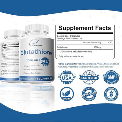 Glutathione Supplement 98%+ Highly Purified and Bioavailable - Skin Care & Detoxification L-Glutathione 1000mg Immune & Liver Support - Made in The USA, 2 Packs