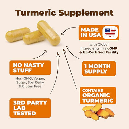 Turmeric Supplement with 65% Boswellia Extract Capsules - Turmeric Curcumin Supplement 95% Curcuminoids - Boswellia Serrata, Black Pepper, Organic Turmeric & Ginger root capsules - Tumeric Caps 2-Pack