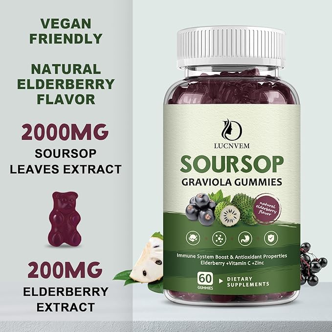Soursop Graviola Gummies with Elderberry, Soursop Leaves with Elderberry Extract Rich in Multivitamin for Natural Antioxidant, Cell Support & Regeneration, Immune Boost & Skin - 30 Day Supply