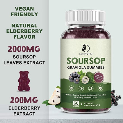 Soursop Graviola Gummies with Elderberry, Soursop Leaves with Elderberry Extract Rich in Multivitamin for Natural Antioxidant, Cell Support & Regeneration, Immune Boost & Skin - 30 Day Supply