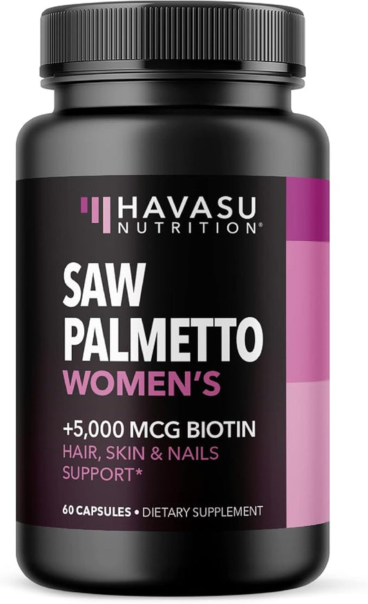 Saw Palmetto for Women + 5000 mcg Biotin Supplement - DHT Blocker Hair Health Vitamins - Supports Stronger Appearance of Hair for Women Post-Partum - Month Supply Vegan Women's Saw Palmetto