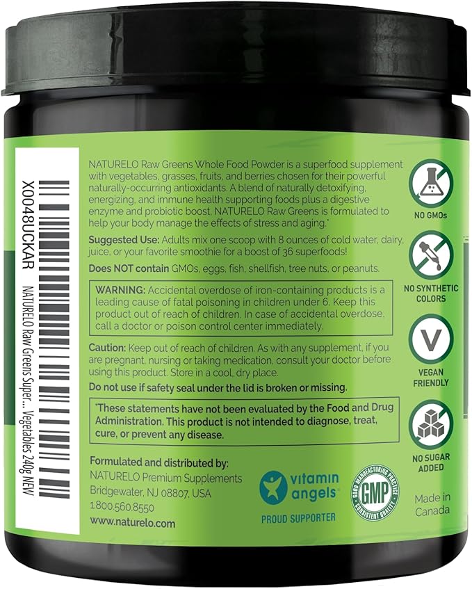 NATURELO Raw Greens Superfood Powder - Unsweetened - Boost Energy, Detox, Enhance Health - Organic Spirulina - Wheat Grass - Whole Food Nutrition from Fruits and Vegetables - 240 Grams