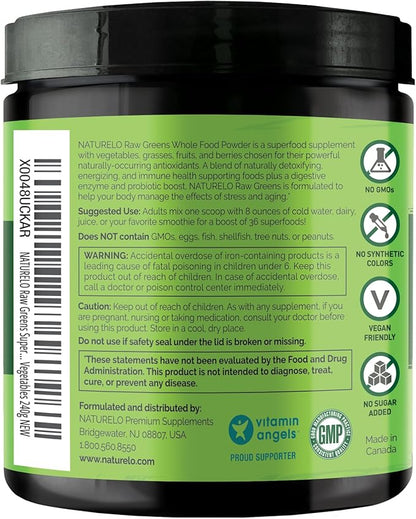 NATURELO Raw Greens Superfood Powder - Unsweetened - Boost Energy, Detox, Enhance Health - Organic Spirulina - Wheat Grass - Whole Food Nutrition from Fruits and Vegetables - 240 Grams