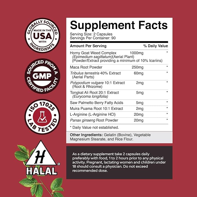 Horny Goat Weed for Male Enhancement - Extra Strength Horny Goat Weed for Men 1000mg Complex with Tongkat Ali Saw Palmetto Extract Panax Ginseng and Black Maca Root for Stamina & Energy - 90 Servings