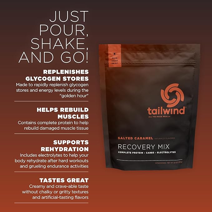 Tailwind Nutrition Recovery Mix, Complete Protein, Carbohydrates, and Electrolytes Powder Drink Mix for Post-Workout, Free of Gluten, Soy, and Dairy, Vegan, 15 Servings, Salted Caramel