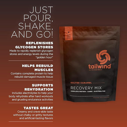 Tailwind Nutrition Recovery Mix, Complete Protein, Carbohydrates, and Electrolytes Powder Drink Mix for Post-Workout, Free of Gluten, Soy, and Dairy, Vegan, 15 Servings, Salted Caramel