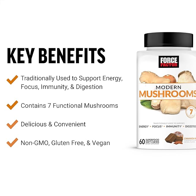 FORCE FACTOR Modern Mushrooms Soft Chews, Mushroom Supplement with Lions Mane, Turkey Tail, & Cordyceps to Support Energy, Immunity, & Digestion, Cinnamon Roll, 120 Soft Chews, 2-Pack