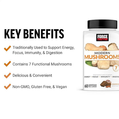 FORCE FACTOR Modern Mushrooms Soft Chews, Mushroom Supplement with Lions Mane, Turkey Tail, & Cordyceps to Support Energy, Immunity, & Digestion, Cinnamon Roll, 180 Soft Chews, 3-Pack