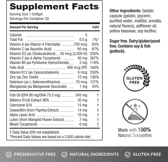 EyePromise Screen Shield All-in-One Eye Vitamin | Omega–3 Fish Oil, Bilberry, Lutein, Zeaxanthin, Vitamins A, C, B12, Zinc | 30 One-A-Day, Easy-Swallow Softgel Capsules