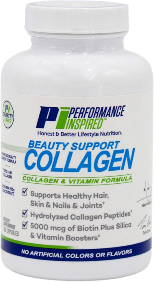Performance Inspired Nutrition Collagen Joint/Skin/Nails/Beauty Support Capsules - Contains 5,000mcg of Biotin - Silica - Aloe Vera - Collagen Peptides - Hydrolyzed Acid – All-Natural - Big 120 Ct