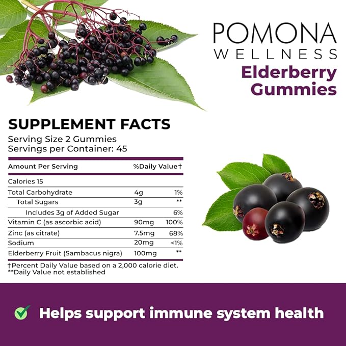 Pomona Wellness Elderberry Gummies with Zinc and Vitamin C for Immune Support 3-1 Chewable Black Elderberry Gummy Supplement for Kids and Adults, Vegan, 90 Gummies