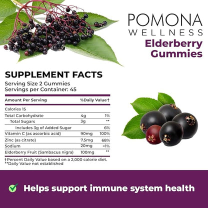 Pomona Wellness Elderberry Gummies with Zinc and Vitamin C for Immune Support 3-1 Chewable Black Elderberry Gummy Supplement for Kids and Adults, Vegan, 90 Gummies