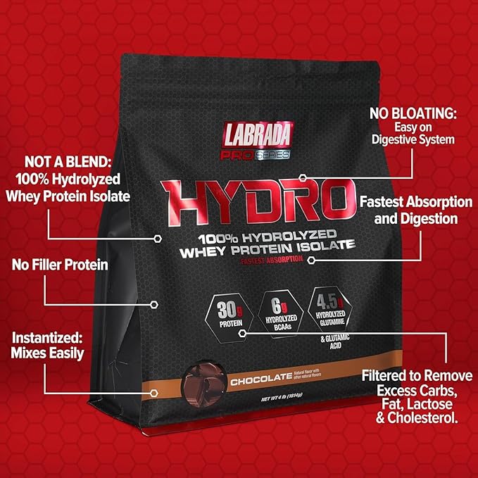 Labrada Hydro 100% Pure Hydrolyzed Whey Protein Isolate Powder, Lactose Free, Glutamine, Fastest Digesting Whey Available, Instant Mixing, Delicious Taste 47 Servings 4lb (Chocolate)