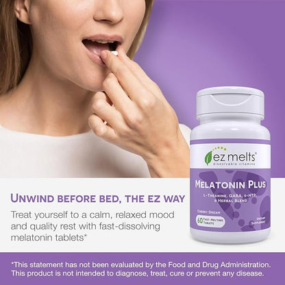 EZ Melts Dissolvable Melatonin Plus, Sugar-Free Sleep Support with Melatonin 5mg, L-Theanine, GABA, 5-HTP, and Herbal Blend, 60-Day Supply