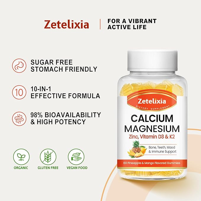 Calcium Gummies for Women Men, Calcium Magnesium Zinc with Vitamin D3 & K2, Calcium Magnesium Supplement for Bones Muscles and Joints, Pineapple & Mango Flavor - 120 Count