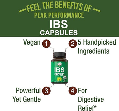 USDA Organic IBS Capsules for Relief, Ingestion, Bloating, Gas. Irritable Bowel Supplement with 5 Handpicked Organic Ingredients. Peppermint Oil, Sea Buckthorn, Fennel Seed, Rosemary Leaf, Basil Leaf