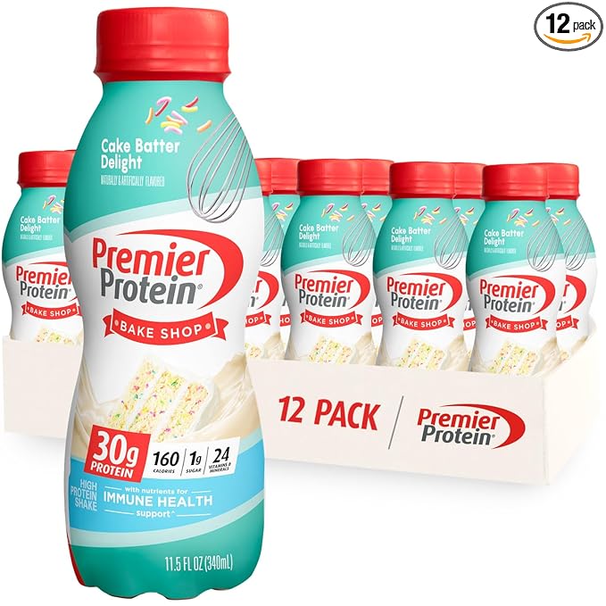 Premier Protein Shake, Cake Batter, 30g Protein, 1g Sugar, 24 Vitamins & Minerals, Nutrients to Support Immune Health, 11.5 Fl Oz, 12 Count